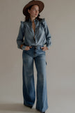 Jean PHOEBE palazzo bleu taille haute, silhouette entière de face